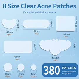 Large Pimple Patches for Face, Hydrocolloid Acne Patches, Variety Shapes Zit Covers, Stickers with Tea Tree, Salicylic Acid & Cica Oil| Round,Moon,Strip,Square,Rectangle,Nose Strip |8 Sizes |380 Count
