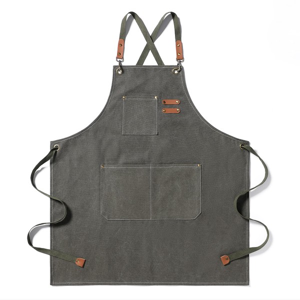EWIZ Cotton Canvas Apron Adjustable Cross-Back straps with Three Pockets
