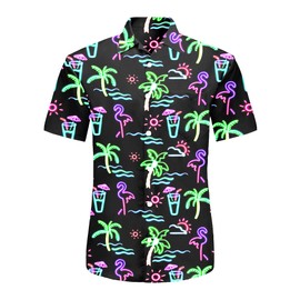 Neon Flamingo Shirt: Men's 80s Disco Button-Up Hawaiian Shirt