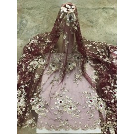 Wowfabric4less123 BurgundyGold Rhinestone Embroidery French Lace Fabric 50” Width Sold By The Yard