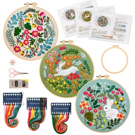 JSRQT 3 Sets Embroidery Beginner Adult Kits, Stamped Cross Stitch Kit with Rabbit and Flowers Pattern, Handmade Needlepoint Embroidery Starter Kit with Instruction, Embroidery Hoop, Needle and Threads