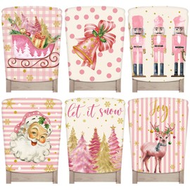 6 Pcs Christmas Chair Covers Christmas Chair Back Covers Dining Room Chair Covers Dining Chair Slipcovers for Christmas Dining Room Kitchen Wedding Party Decor (Pink Reindeer)