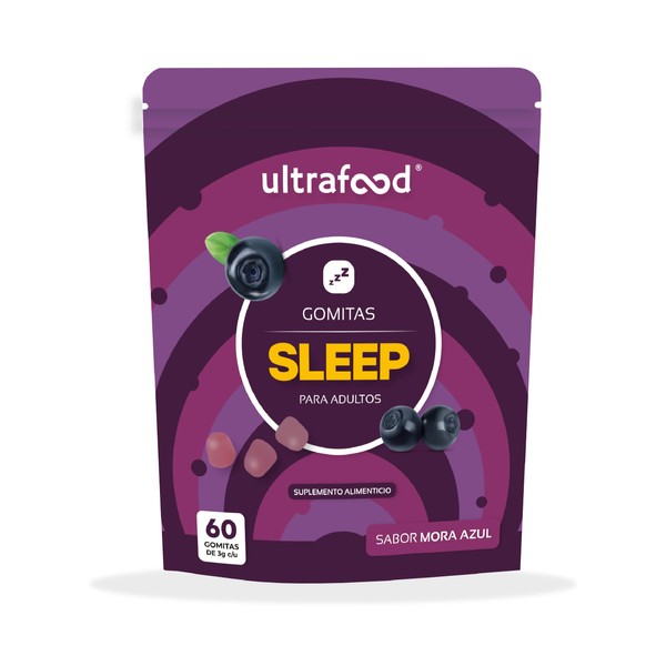 Ultrafood - Gomitas para dormir | Gummies Sleep Adult | Relax Adulto, ayudan a combatir el insomnio | Sabor a Blueberry | Contiene 60 gomitas de 3g, 180 gramos por envase | L-Teanina, Gaba, 5-HTP, Magnesio y Pasiflora. Sin Melatonina.