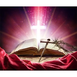 ZARROUEA 10x8ft Red Jesus Christ Cross Photography Backdrop Glowing Crucifix Opened Bible Book Crucifix Crown of Thorns Jesus Background Church Events Banner Jesus Christ School Background Photo Props
