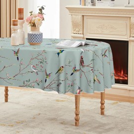 Horaldaily Spring Tablecloth 60×84 Inch Oval, Birds Branch Green Floral Washable Seasonal Table Cover for Party Picnic Dinner Decor