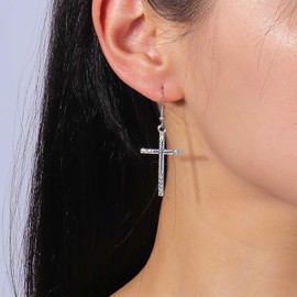 Inilbran Boho Rhinestone Cross Earrings Vintage Crystal Cross Drop Earrings Gold Cross Religious Earring Sparkling CZ Cross Crucifix Hook Earrings for Women and Girls, Zinc, No Gemstone