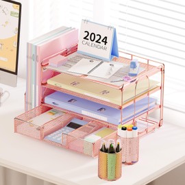 OPNICE Desk Organizer and Accessories, 4-Tier Desktop File Organizer with Drawer and 2 Pen Holders, Office Desk Accessories, File Sorters, Workspace Organizers for Office Supplies(Rose Gold)