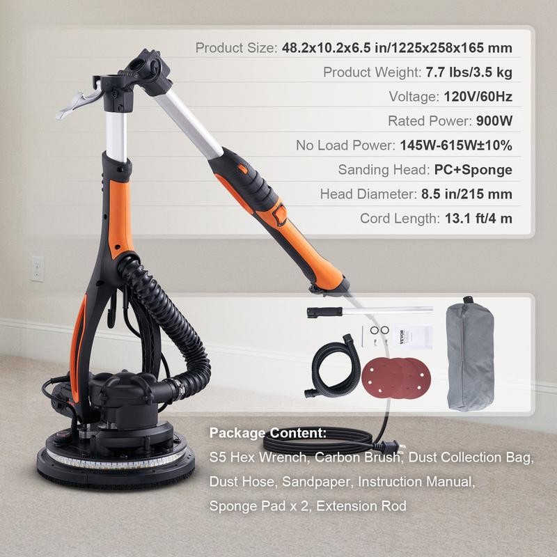 VEVOR Electric Drywall Sander 900W, Self-Suction & Variable Speed 800-1800