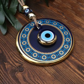 BCS Blue Evil Eye Wall Decor Gold Border Design 4.3" Glass Evil Eye Hanging Ornament for Home, Garden, Door, Office Turkish Greek Handmade Nazar Amulet Good Luck and Protection Charm - Ojo Turco
