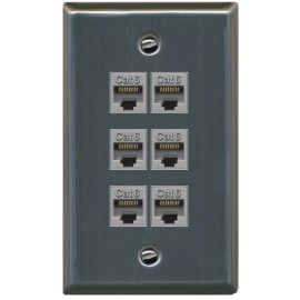 RiteAV 6 Port Cat6 Ethernet RJ45 Female-Female Wall Plate Flat Stainless Steel