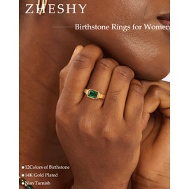 ZHESHY Birthstone Gold Rings for Women Non Tarnish Vintage Gemstone Emerald Green Rings 14K Gold Plated CZ Signet Thumb Band Rings Jewelry Gift for Birthday Size 9