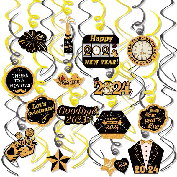 HOWAF Decoration New Year 2024, 30 Pieces Deco New Year 2024 Hanging Ceiling Swirls Garland Streamer for Black Gold New Year Party Decorations New Year's Eve 2024
