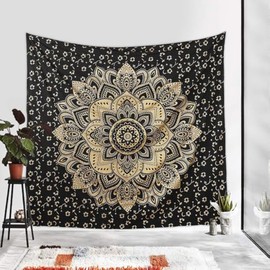 Color Decor New Passion Gold Black Ombre Tapestry Indian Mandala Wall Art, Hippie Wall Hanging, Bohemian Bedspread Black With Gold Ombre (Twin (54"x84" Inch))