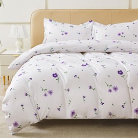 Viviland Floral Duvet Cover Queen Size, Purple Flower Zipper Closure Duvet Cover Set, Soft Microfiber Flower Printed Bedding Set with 4 Ties