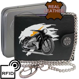 Biker Classic Vintage Motorbike Motorcycle Cyprus Flag Mens Chain Wallet Gift Box KLASSEK Brand Real Black Leather RFID Blocking with Coin Pocket