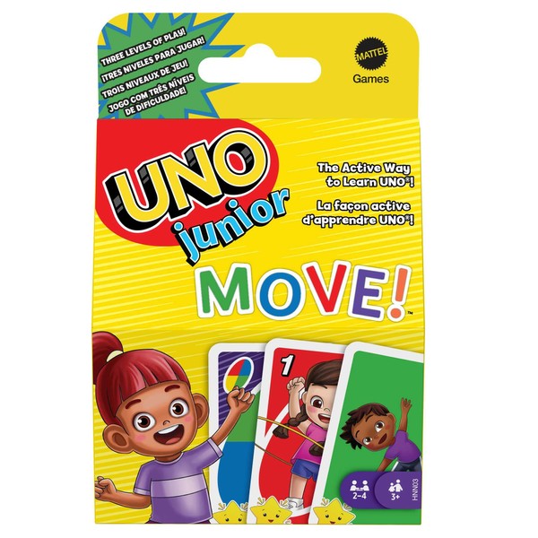 UNO Junior Move! Active Version of the Card Game, 3 Difficulty Levels for Younger Players Entry, Motion Cards, for Children from 3 Years, HNN03