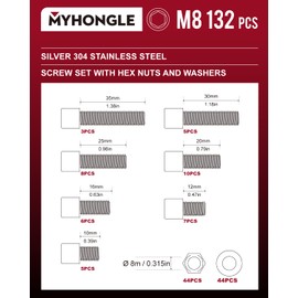 132 Piece M8 Screws Set, Stainless Steel Cylinder Screws with Hexagon Socket Screws Nuts Set with Washers Set, Hex Screws Machine Screws Assortment, Threaded Screws Set