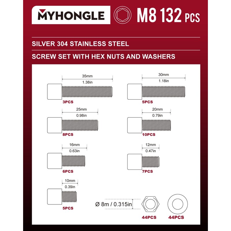 132 Piece M8 Screws Set, Stainless Steel Cylinder Screws with