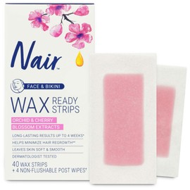 Nair Nair Hair Remover Wax Ready Strips, Face and Bikini Hair Removal Wax Strips, 40 Count