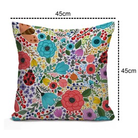 Tomda Cute Lady Beetle Pillow Decorative Cushion Cover Colorful Summer Plants and Flowers Throw Pillow Case Cotton Linen French Decor Rustic Pillow Cover for Sofa Couch 45x45cm 18x18 Inch