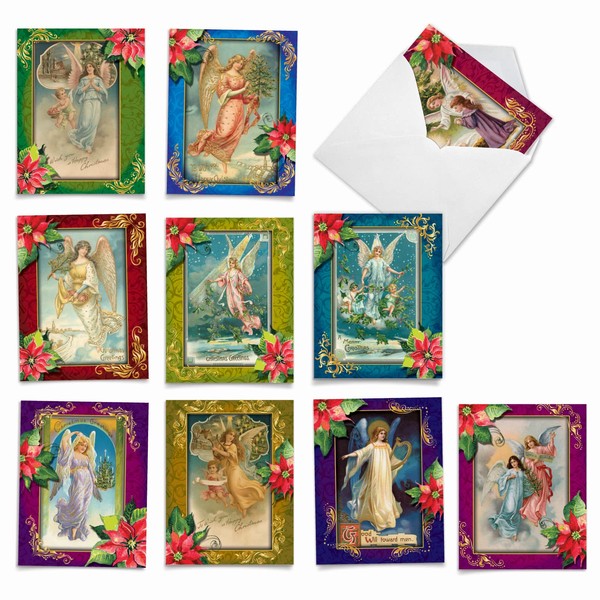 'Christmas Angels' Blank Holiday Cards, Boxed Set of 10 Vintage-Inspired Heavenly Messengers Christmas Cards (Mini 4" x 5.25"), Assorted Colorful Angel and Poinsettias Seasonal Greeting Cards #M1759XS