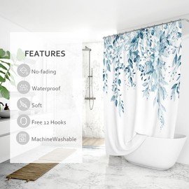 BBiggood LightBlue Eucalyptus Shower Curtain, Watercolor Leaves with Floral Shower Curtain, Waterproof Plant Bathroom Decor Shower Curtains Set with Hooks, 72x72