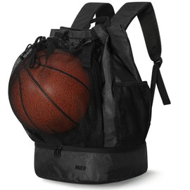 MIER Drawstring Bags String Football Bag Large Basketball Backpack Sports Gym Bag with Shoe Compartment for Soccer Volleyball 40L, Black