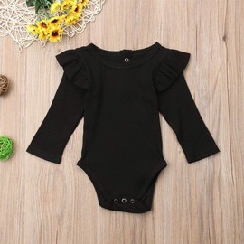 Mubineo Infant Baby Girl Basic Plain Rib Knit Ruffle Long Sleeve Romper Bodysuit Tops (Black, 12-18 Months)