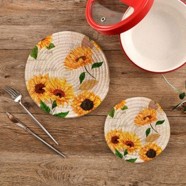 Blueangle 2-Pcs Yellow Watercolor Sunflowers Trivet Pot Holder - Round Woven Potholders Set - Cotton Braided Hot Pads - Coasters - Table Mats for Cooking and Baking（19）