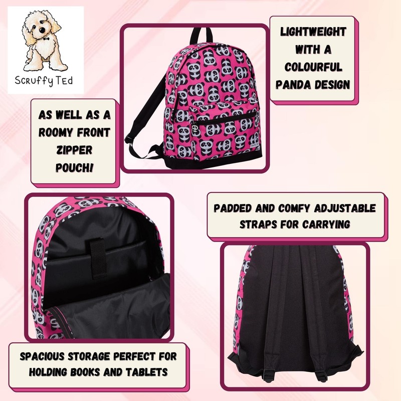 ScruffyTed Panda Girls Backpack For Kids Large Capacity Travel Rucksack