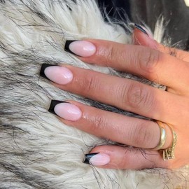 Coffin Press on Nails Short Black French Tip Acrylic Nails Press ons Light Pink Full Cover Fake Nails Glossy Glue on Nails Cute False Nails Short Coffin Stick on Nails for Women 24Pcs