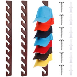 BBTO 3 Pack Wooden Hat Rack for Baseball Cap Wall Mount Hat Racks Vertical Hat Baseball Cap Display Holder with 10 Hooks Hat Organizer Wood Cap Hanger for Door Entry Room Bedroom(Reddish Brown)