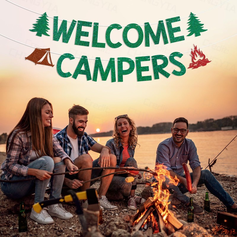 Welcome Campers Banner - Camping Theme Birthday Bachelorette Party Decor,