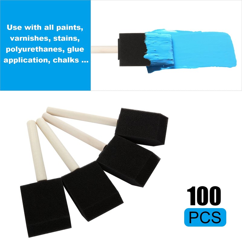 100 Pack 2 inch Foam Brush Sponge Wood Handle Paint