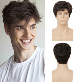 Amnenl Black Short Mens Wig Fluffy Natural Looking Synthetic Heat Resistant Fiber Shaggy Daily Hair Wig for Male Guy