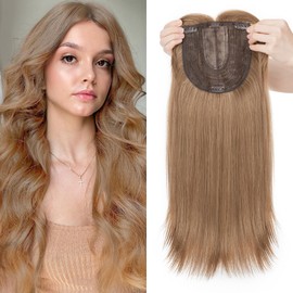 SEGOHAIR Synthetic Hair Topper for Women, 6"x6" Lace Base, Covers Gray Hair, Thinning, High Hairlines, Soft Natural Straight Hair, Apply with 4 Clips, Center Parted Bangs 14" Brown Mixed Blonde