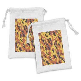 Ambesonne Camo Fabric Pouch Set of 2, Lively Colors Retro Style Camouflage Texture Modern Print Illustration, Small Drawstring Bag for Toiletries Masks and Favors, 9" x 6", Yellow Orange Dried Rose