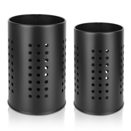XCRPRT Kitchen Utensil Holder for Worktop, Pack of 2 Kitchen Utensils Organiser, Stainless Steel, Round Cutlery Basket, Stainless Steel Black Utensils Caddy for Worktop, Kitchen Storage