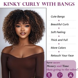 DÉBUT Glueless Bob Wigs Human Hair Short Curly Wigs with Bangs Wear and Go Kinky Curly Wig for Black Women 200% Density Highlight 1B Mixed Auburn Brown 12 Inches