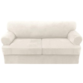H.VERSAILTEX Sofa Cover 3 Piece Loveseat Slipcovers Thick Velvet Couch Cover Furniture Protector Stretch Sofa Covers for 2 Cushion Couch with 2 Individual T Cushion Covers Washable, Ivory