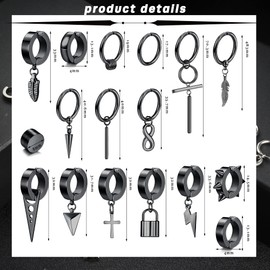 KALVICA 17pcs Stainless Steel Earrings Men's Earrings Black Cross Pendant Earrings Feather Kpop Gothic Punk Earrings Men, Stainless Steel