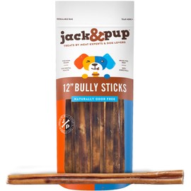 Jack & Pup 12-inch Premium Grade Odor Free Thick Bully Sticks Dog Treats 12” Long All Natural Gourmet Dog Treat Chews Fresh and Savory Beef Flavor – Long Lasting Treat
