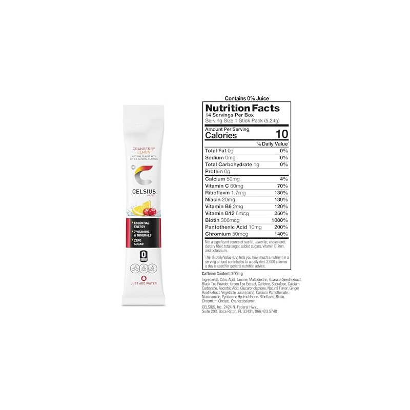 CELSIUS Cranberry Lemon On-the-Go Powder Stick Packs, Zero Sugar (14