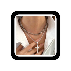 Wendalern Silver Cross Choker Necklace Layered Rope Chain Cross Pendant Necklace Dainty Cross Cuban Link Chain Necklace Twisted Chain Collar Necklace Faith Jewelry for Women Men