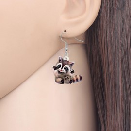 OUSIO Acrylic Cute Raccoon Earrings Two Side Pattern Cartoon Blue Bow Tie Jungle Animals Dangle Hypoallergenic Jewelry For Women Cool Gifts (Brown)