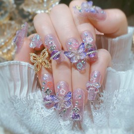 Purple Press on Nails Medium Coffin Fake Nails with Butterfly Bow Rhinestones Star Designs 3D Charm Decoration Handmade Nails Press ons Glitter Acrylic Glue on Nails for Women 24 Pcs