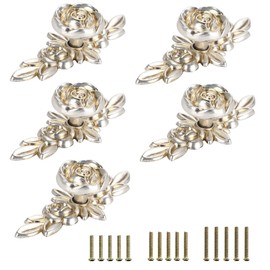 JUXYES Pack of 5 Euro Rose Decorative Cabinet Knobs with Plate, Floral Ivory Drawer Knob Cupboard Door Knobs, Ivory White Drawer Pulls Cabinet Handle Knobs for Dresser Cabinet