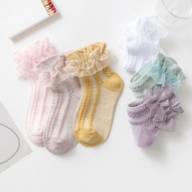 Cotton Dress Socks for Girls Eyelet Ruffle Socks Frilly Dress Socks Cute Lace Ankle Socks Princess Style 5 Pairs 7-9 Years Old