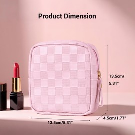 MAGEFY Small Makeup Bag for Purse, Checkered Makeup Bag Small Pouches for purse Leather Mini Make Up Bag Cute Cosmetic Bag for Women with Slip-in Pockets,Pink