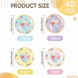 80PCS Floral Paper Plates 7 Inch Vintage Elegant Design Afternoon Tea Mothers Days Table Party Decorations for Wedding Bridal Shower Baby Shower Birthday Party Supplies